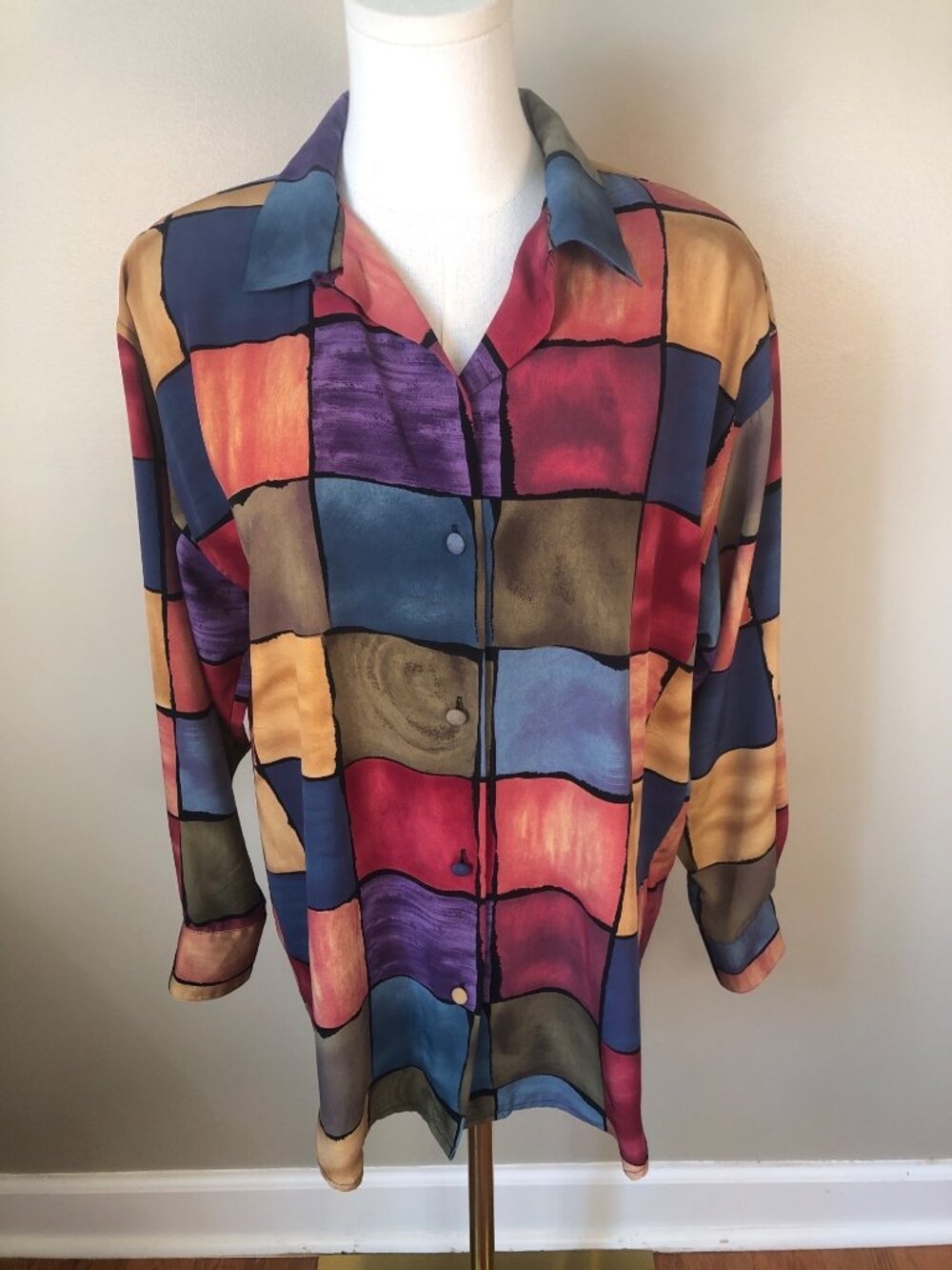 Vintage Le Caviar 80s 90s Abstract Geometric Color Block Blouse Size Small Artsy